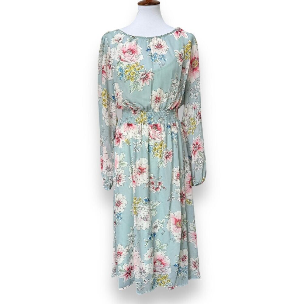 Louna Womens A Line Blouson Dress Blue Floral Long Sleeve Button Smocked Large